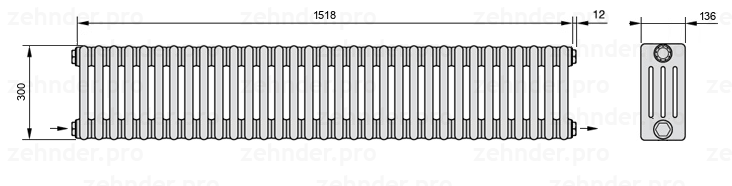 Схема (чертеж) Радиатор Zehnder Charleston 4030/33 №2670 Белый глянцевый RAL 9016